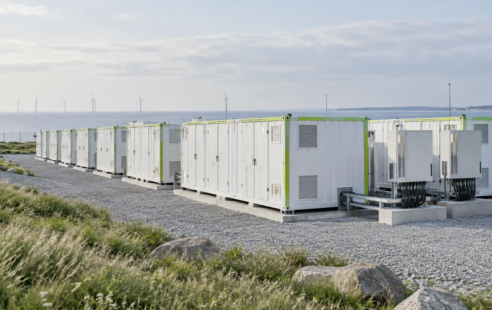 Row of containerised grid-scale battery storage units with inverter cabinets at a coastal site