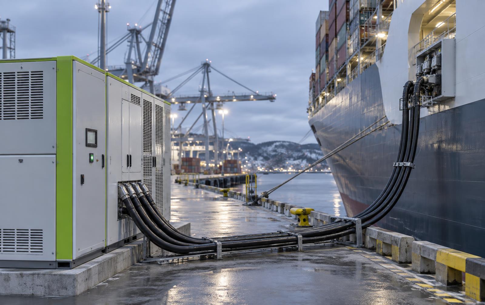 Shore power converter cabinet on a quay, connected by heavy cables to a berthed container vessel